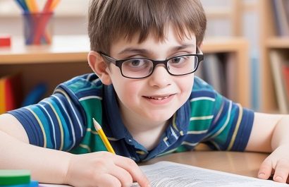 Child studying with a book.