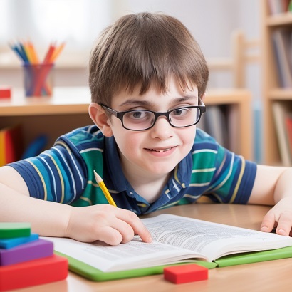 Child studying with a book.