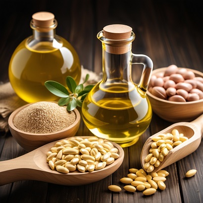 Various oils and seeds on table