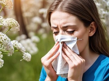 Person sneezing in a flower field.