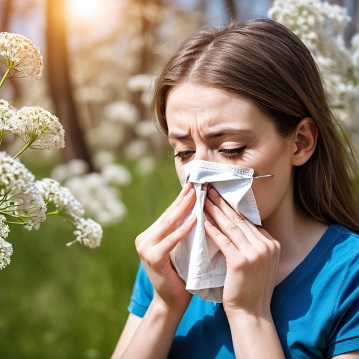 Person sneezing in a flower field.