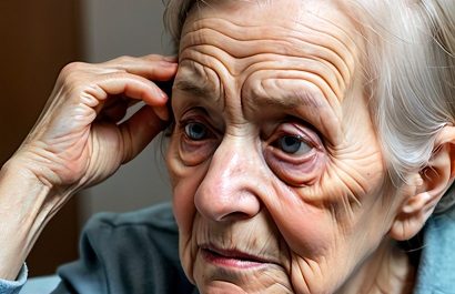 Elderly person with silver hair.