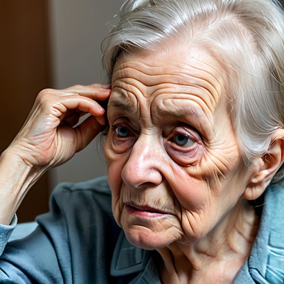 Elderly person with silver hair.