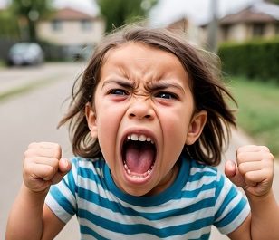 Child expressing excitement outdoors.