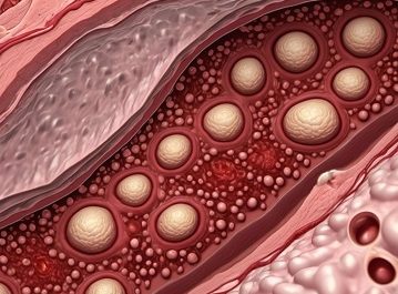 Cholesterol buildup in artery cross-section.