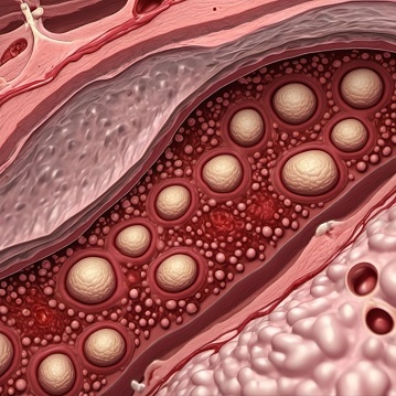 Cholesterol buildup in artery cross-section.