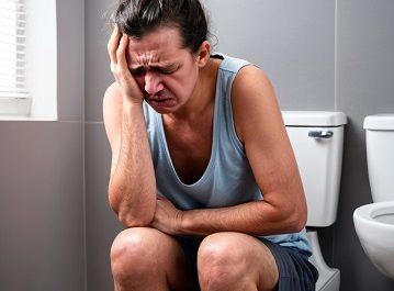 Person sitting on toilet, distressed.