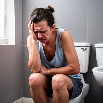 Person sitting on toilet, distressed.