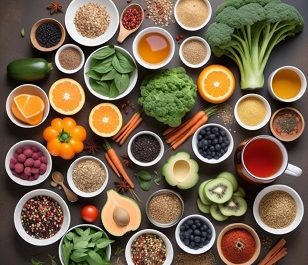 Colorful array of healthy foods.