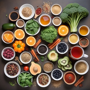 Colorful array of healthy foods.