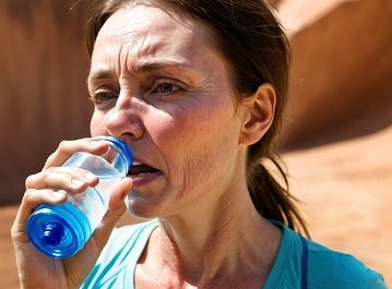 Woman drinking water in desert.