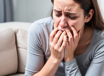 Person sitting on couch, looking distressed.