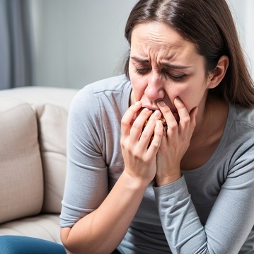 Person sitting on couch, looking distressed.