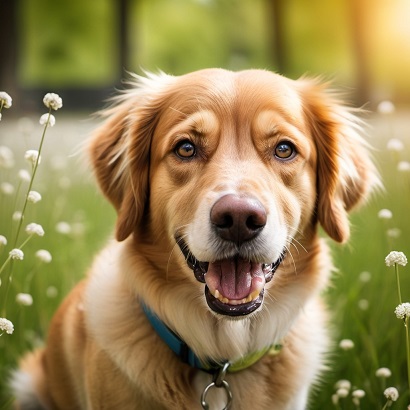 Golden retriever sitting in grass