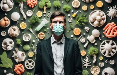 Man surrounded by various toxic symbols.