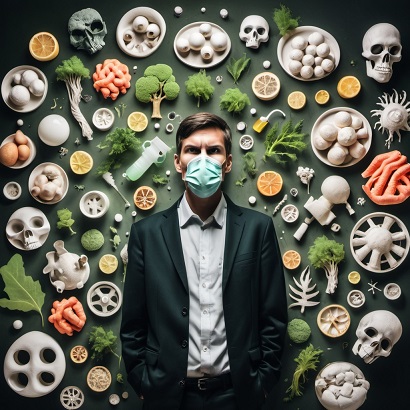 Man surrounded by various toxic symbols.