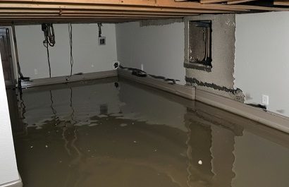 Waterlogged basement with visible damage.