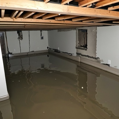 Waterlogged basement with visible damage.