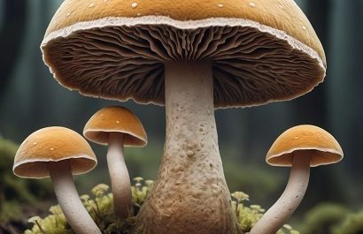 Mushrooms in a misty forest