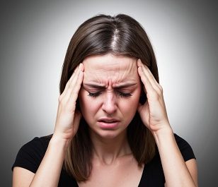 Person holding head, expressing discomfort.