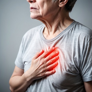 Elderly woman experiencing chest pain.
