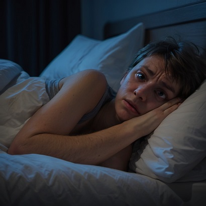 Person lying in bed, unable to sleep.