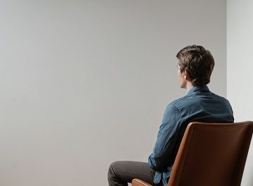 Man sitting, facing blank wall.