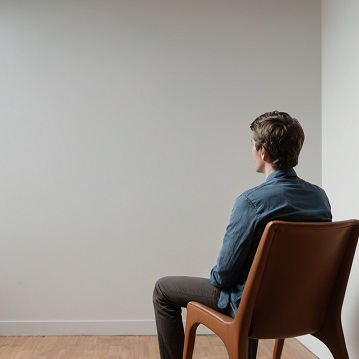 Man sitting, facing blank wall.