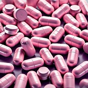 Pink capsules for cancer scattered on surface