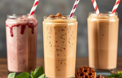 Three colorful milkshakes with straws