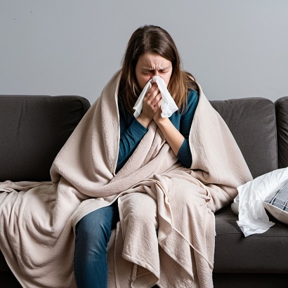 Woman wrapped in blanket, hoping to fight viruses.