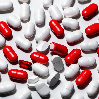 Red and white capsules scattered together