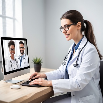 Doctor consulting via telehealth video call.
