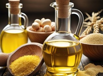 Bottles of oil with grains and nuts