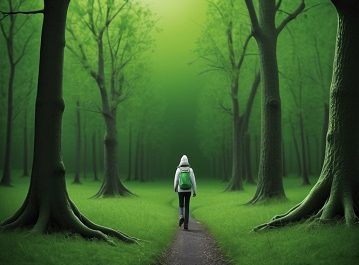 Person walking in lush green forest