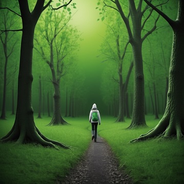 Person walking in lush green forest