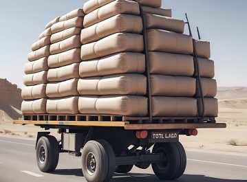 Truck loaded with stacked beige bags