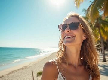 Person enjoying sunny beach scenery.