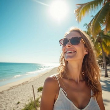 Woman enjoying sunny beach day after detoxification.