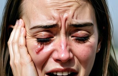 Woman covering face, expressing emotion.