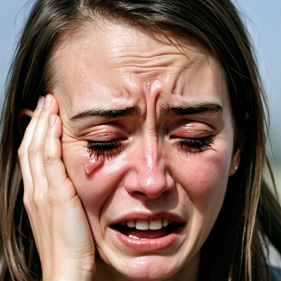 Woman covering face, expressing emotion.