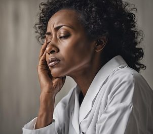 Pensive woman in a white coat.