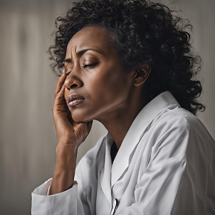 Pensive woman in a white coat.